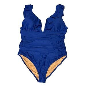 J. Crew swimsuit one-piece deep V-neck ruffles blue ruched sides new size 22